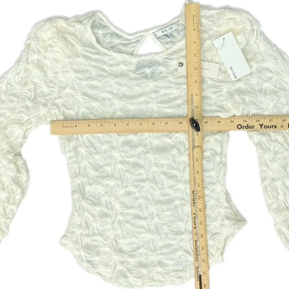 Anthropologie BTFL Life Ivory Textured Popcorn Bishop Sleeve Blouse Sz S NEW Tag